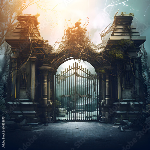 Grand iron gates dark horror background photo