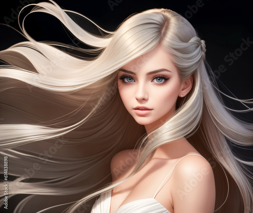 A beautiful blonde with long  wind-blown hair
