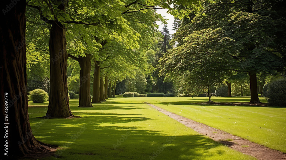 Obraz premium Trees in the park with green grass and sunlight, fresh green nature background.