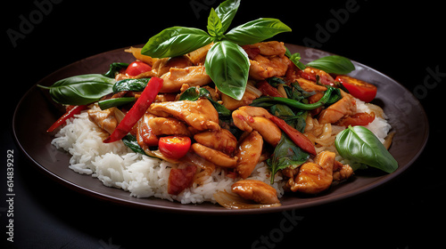 Chicken and Holy Basil Stir Fry with jasmine rice.