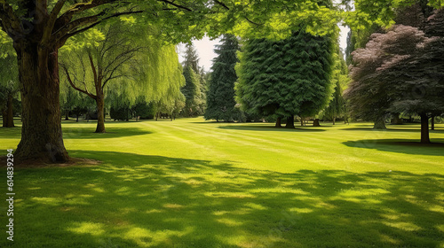 Trees in the park with green grass and sunlight, fresh green nature background.