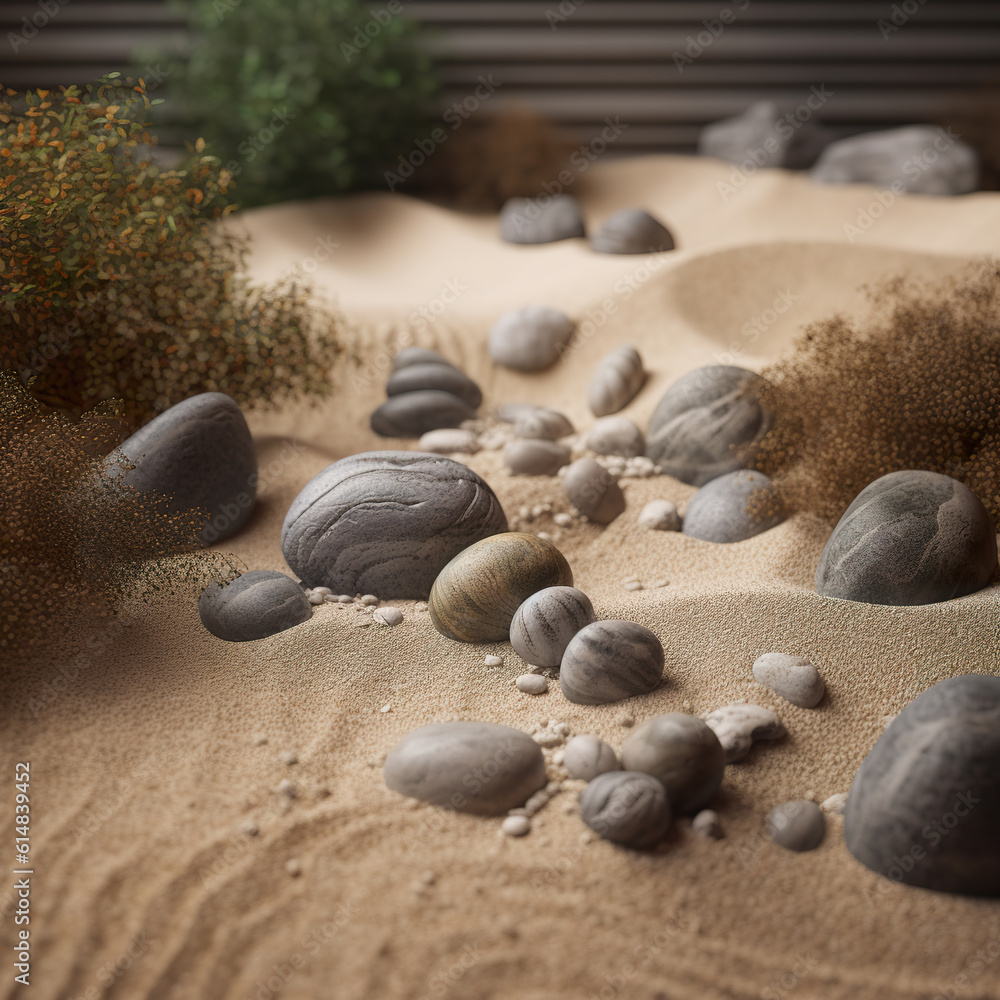 Zen garden for meditation with sand in soft color. Depth of field japanese zen garden. Stones on the sand. Realistic 3D illustration. Generative AI Zen garden for meditation with sand in soft color. Depth of field japanese zen garden. Stones on the sand. Realistic 3D illustration. Generative AI