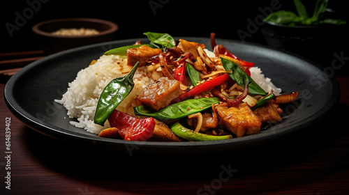 Stir fried Thai basil with crispy pork and chilli on topped rice - Thai local food style