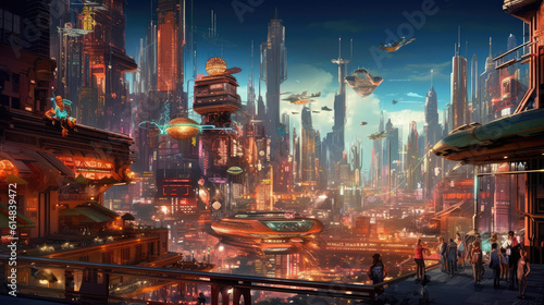 Futuristic fantasy city with flying cars and skyscrapers. Generative Ai.