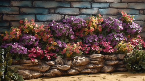 A flower bed in front of a terraced stone wall