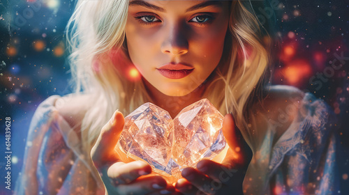 Ethereal blonde haired woman holding a diamond or crystal in the shape of a chiselled love heart. Generative Ai