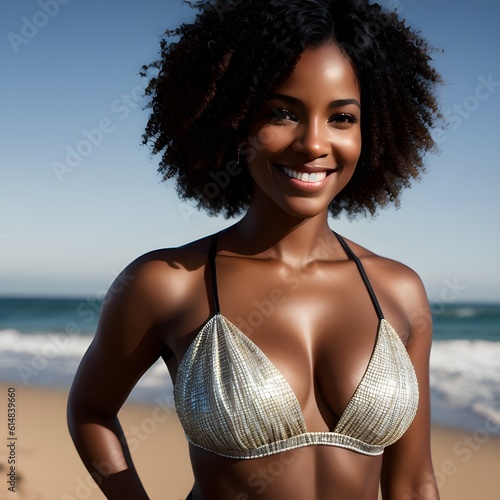 Beautiful black woman, smiling, at the beach, cinematic, realistic shot.