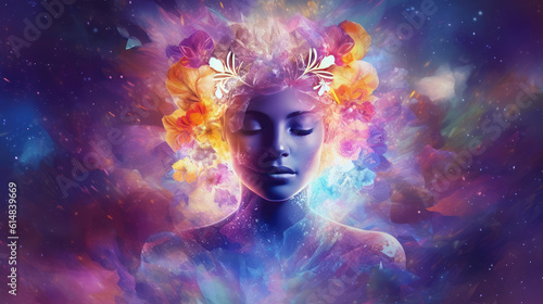 Woman s face in purple shade  eyes closed meditating with colourful flower energy emanating from her mind. Generative Ai.