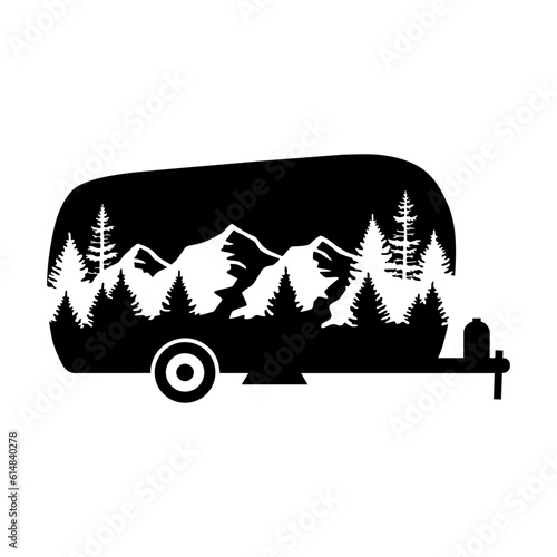 Camper, Forest and Mountain, Hand Drawn Vector Illustration 