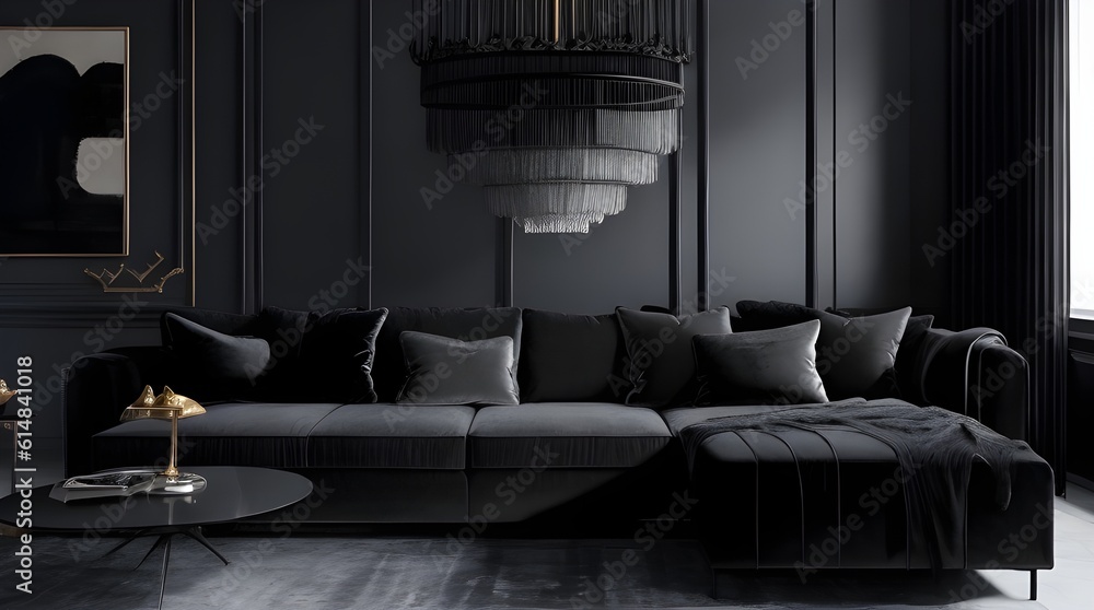 Dark living room interior with luxury gray sofa - ai generated