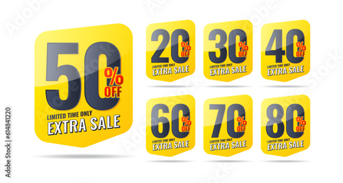 Extra sale label pop up banner with different sale percentage. 20, 30, 40, 50, 60, 70, 80 percent off price reduction badge promotion design emblem set vector illustration isolated on white background
