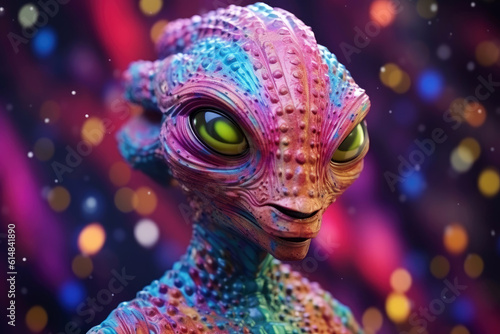Abstract animal Alien creature portrait with multi colored colorful on skin body and hairs paint, Vibrant bright gradients background, with Generative AI.
