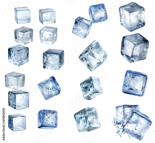 Set of pieces of pure blue natural crushed ice. Ice cubes. Isolated on transparent