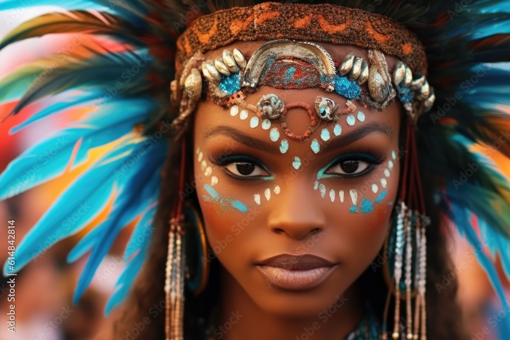 Exotic brazilian young woman dressed for Carnival looking at the camera