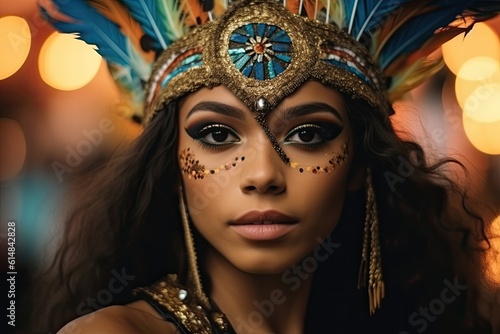 Exotic brazilian young woman dressed for Carnival looking at the camera © Adriana