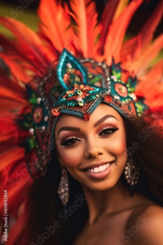 Exotic brazilian young woman dressed for Carnival looking at the camera