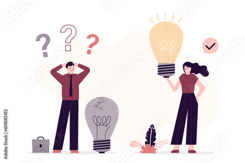 Unhappy businessman stands near broken light bulb. Problem with creativity, lack of ideas. Successful woman mentor gives new idea, mentorship, business training, brainstorming.