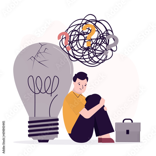 Unhappy businessman sits near an extinguished broken light bulb. Problem with creativity, lack of ideas. Brainstorming difficulties, emotional crisis, business burnout.