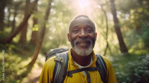 The old man looked aside attentively, went camping, trekking, uniting with nature. There is a backpack and a sleeping pad on the back. Take a refreshing cough