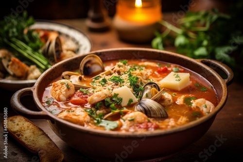 Cacciucco, a hearty Italian seafood stew with various types of fish and shellfish in a rich tomato broth