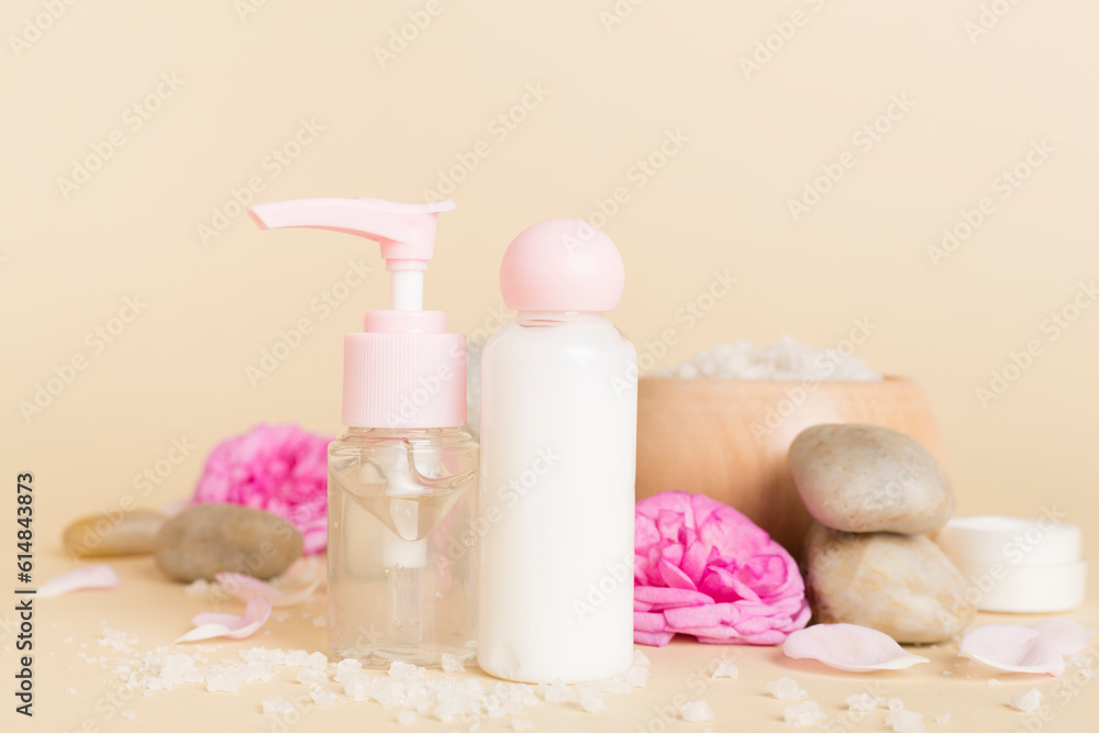 Spa composition with pink roses on wooden table Spa composition with pink roses on wooden table