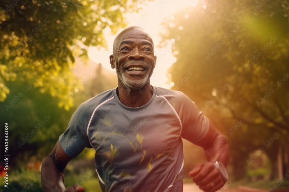 Happy black man running in park with music Smiles and simulations in nature Park and exercise. Senior man. Outdoor runner and exercise motivation. Happy black man running in park with music Smiles and simulations in nature Park and exercise. Senior man. Outdoor runner and exercise motivation.