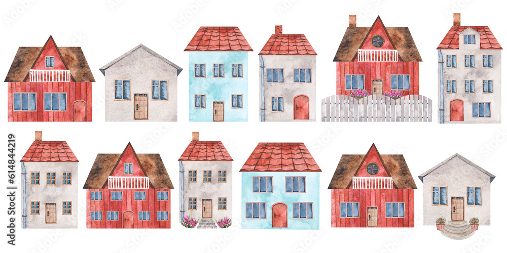 Set of watercolor house with a door and windows, a tiled roof. Isolated clipart on white background. Illustration for postcards, books, posters, children's room