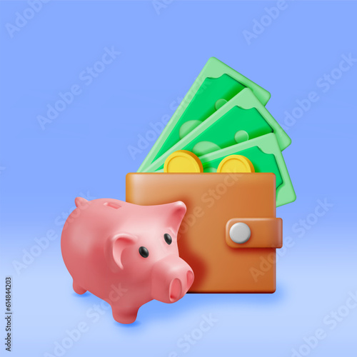 3D Piggy Bank with Coins and Wallet Isolated. Render Plastic Piggy Bank for Money. Moneybox in Form of Pig. Concept of Cash Money, Business Deposit Investment, Financial Savings. Vector Illustration