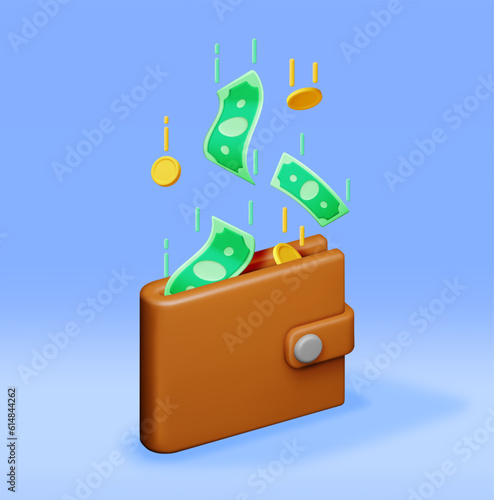 3D Money and Leather Wallet. Bank Card and Purse. Gold Coins and Dollar Bills. Render Money Bills. Growth, Income, Savings, Investment. Symbol of Wealth. Business Success. Vector illustration.