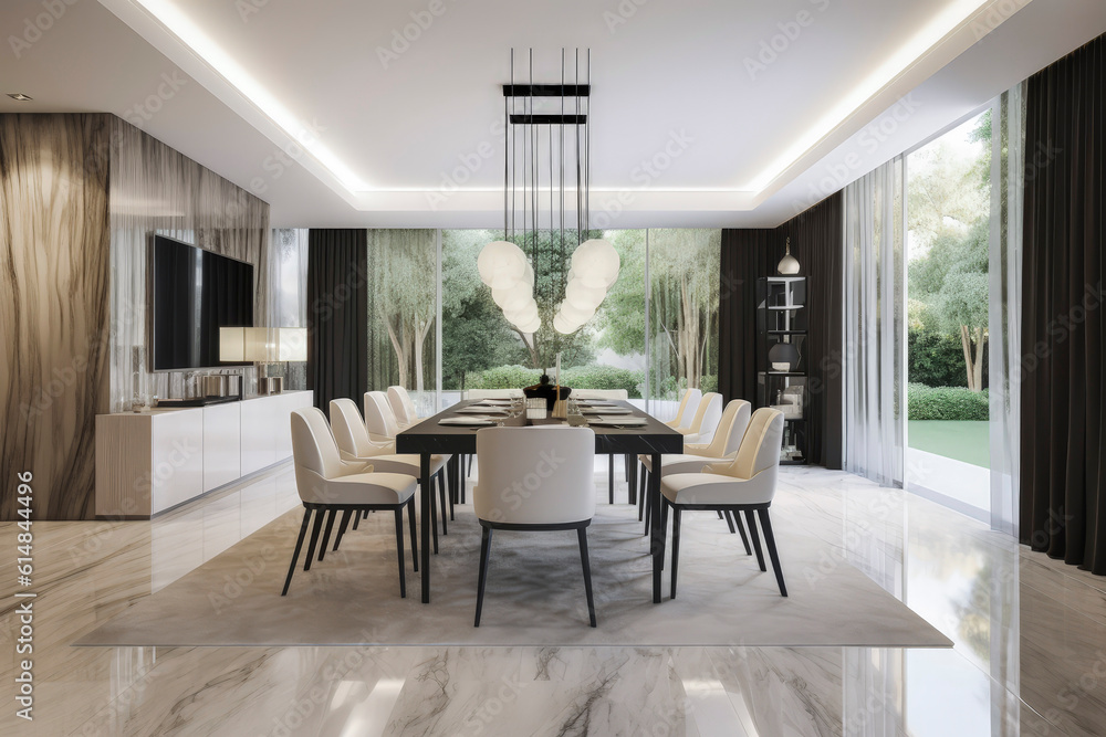 Generative AI illustration of Living room with dining table for twelve people and natural light Generative AI illustration of Living room with dining table for twelve people and natural light