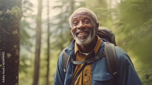 The old man looked aside attentively, went camping, trekking, uniting with nature. There is a backpack and a sleeping pad on the back. Take a refreshing cough