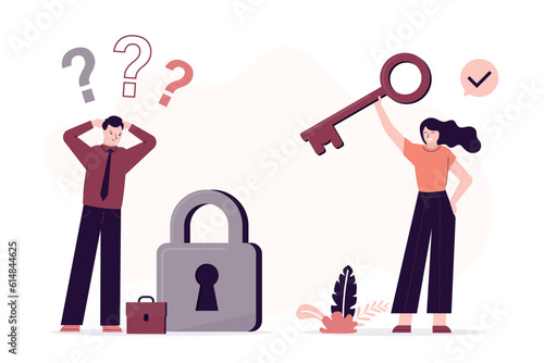 Unhappy businessman stands giant padlock. Confident businesswoman give key. Overcoming obstacles, unlock new skills . Successful woman mentor gives new idea, mentorship,