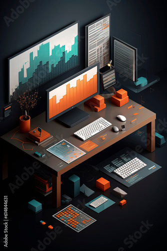 Generative AI illustration of isometric Workspace with table, chair, laptop and company charts