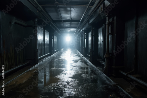 A long, dark tunnel with a wet floor and a bright light in the back