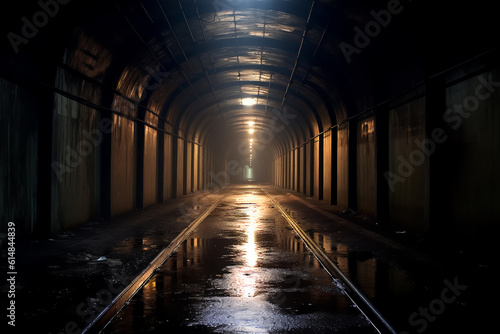 A long, dark tunnel with a wet floor and a bright light in the back