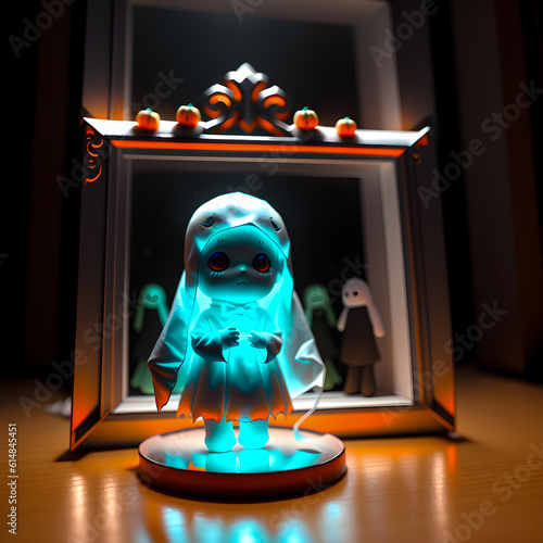 cute ghost and Pumpkins in pastel tone cute are celebrate the halloween festival 3d glowing. Happy Halloween pumpkins, cute ghost, trick fantasy fun party, Online, Generative AI, illustration photo