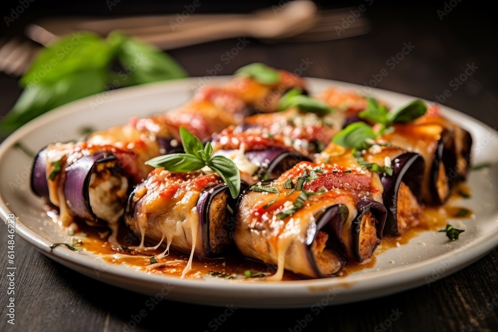 Involtini di Melanzane with thinly sliced eggplants, melted cheese, and fresh basil on a serving dish Involtini di Melanzane with thinly sliced eggplants, melted cheese, and fresh basil on a serving dish