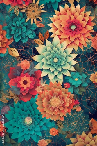 Geometric flowers background  vivid colors wallpaper texture Generative AI