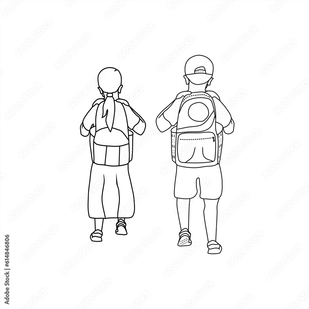 monochrome line art illustration of a boy and girl walking together to school monochrome line art illustration of a boy and girl walking together to school