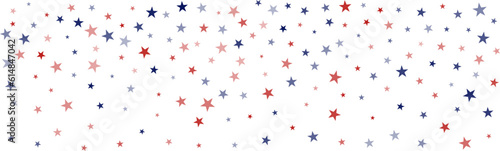 Stars confetti background. USA red and blue stars backdrop. American glitter horizontal border
