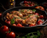 Pollo alla Parmigiana in a cast iron skillet, giving a rustic feel and surrounded by fresh ingredients