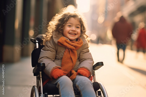 AI generated portrait of candid authentic joyful happy disabled child girl wheelchair outdoor fall photo