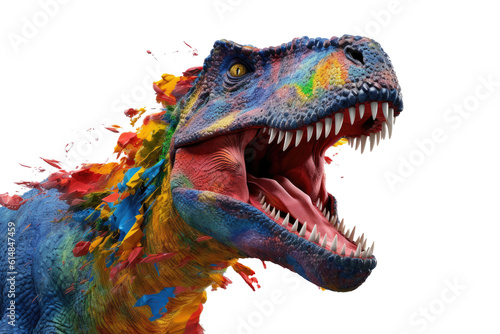 Abstract of Tyrannosaurus rex or T-rex dinosaur portrait in Cretaceous period with multi colored colorful isolated on clean png background  Vibrant bright  with Generative AI.
