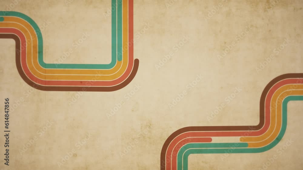 Trendy retro 1970s curved stripes grunge background with gently flowing colorful lines in warm color tones. This vintage style motion background animation is 4K and a seamless loop.