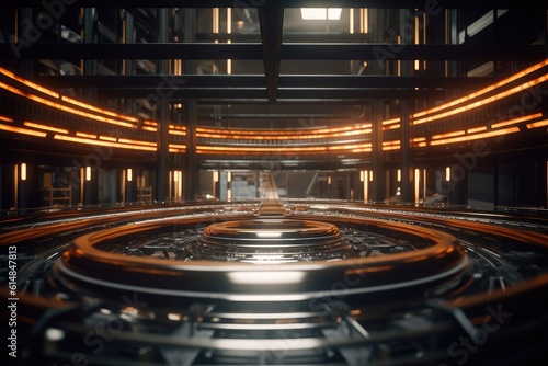 Sci-fi futuristic underground secret hangar warehouse with neon lighting effects Generative AI Illustration