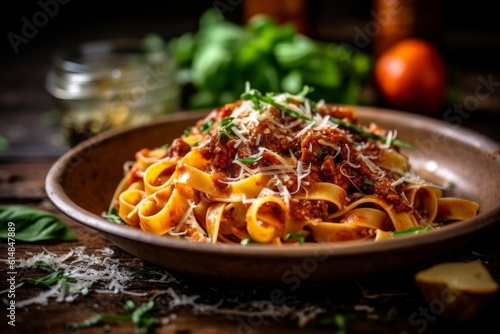 Tagliatelle al Ragù garnished with fresh basil and parmesan cheese on a rustic wooden table
