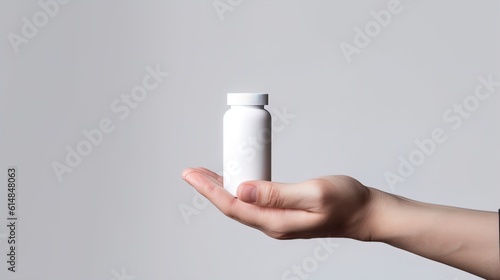 mock up, hand holding a blank white pill bottle container  pharmaceutical medicine pills