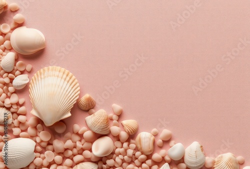 Seashells and starfish on the sand border frame with copy space