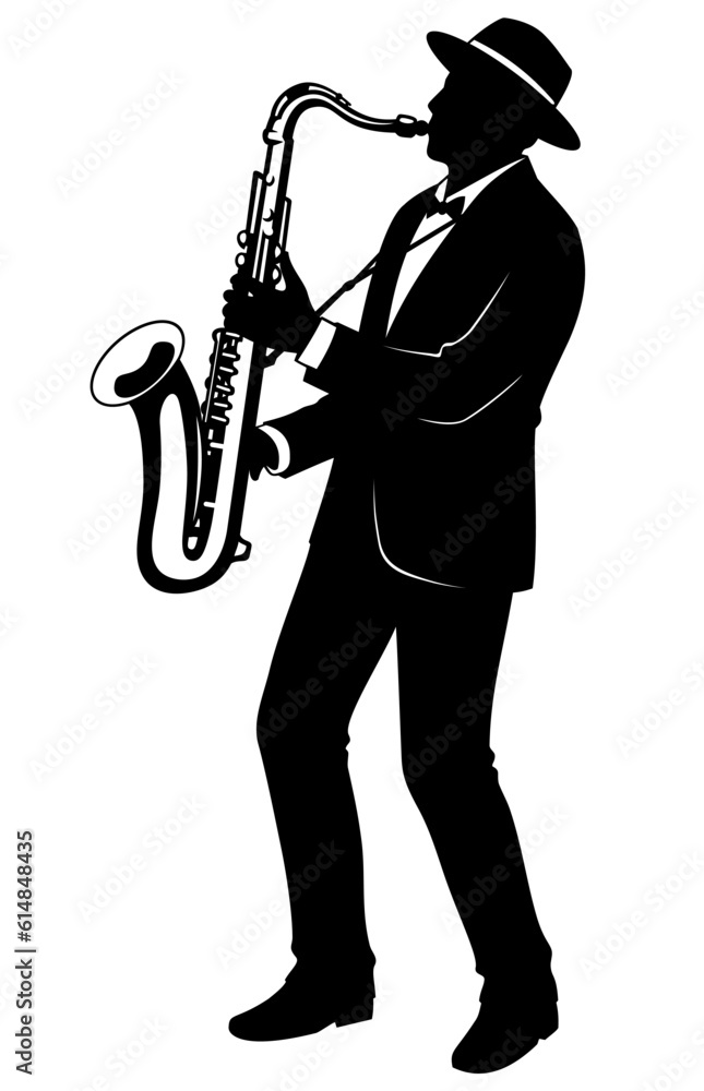 Fototapeta premium Silhouette of man playing on a saxophone. Vector clipart isolated on white.