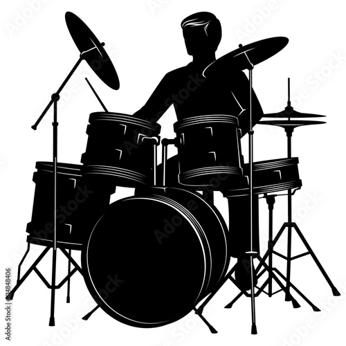 Silhouette of man playing on a drum set. Vector clipart isolated on white.